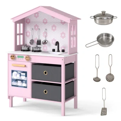 Costway Kids Play Kitchen Children Toy Kitchen Playset With 2 Stoves And Rotation Knobs-pink In Multi