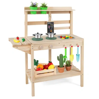 Costway Kids Play Kitchen Set Wooden Kitchen Playset With Stoves For Boys Girls 3+-natural In Brown