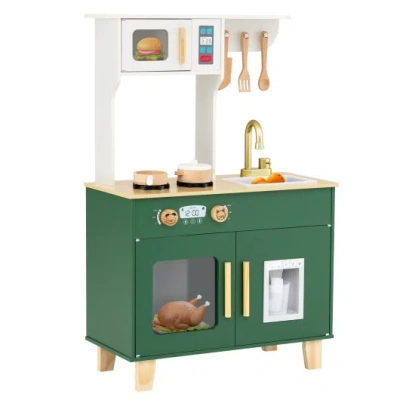 Costway Kids Play Kitchen With Microwave And Rotation Knobs For Girls Boys Aged 3-6-green