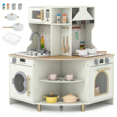 Costway Kids Play Kitchen Wooden Corner Kitchen Playset With Working Faucet And Sink-beige In Multi