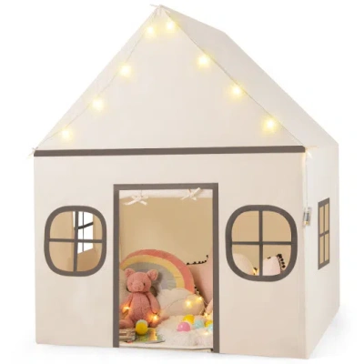 Costway Kids Play Tent Large Playhouse With Door Curtain And Windows Star Lights-beige In Multi
