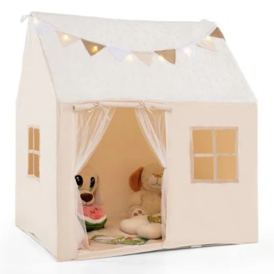 Costway Kids Play Tent Large Playhouse With Glow In The Dark Stars And Mat-beige In Multi