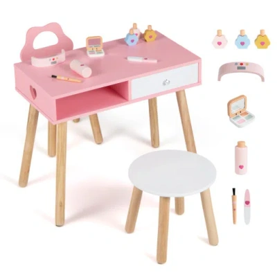 Costway Kids Pretend Nail Salon Playset With Chair And Stool Wooden Toddlers Makeup And Manicure Kit With Ey In Multi