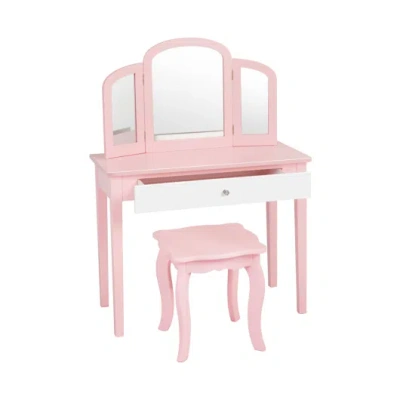 Costway Kids Princess Make Up Dressing Table With Tri-folding Mirror And Chair-pink In Multi