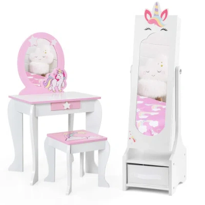 Costway Kids Princess Vanity Table And Stool Set With Jewelry Cabinet And Mirror Drawer-pink In Multi