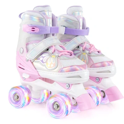 Costway Kids Roller Skates 4 Sizes Adjustable Quad Skates With Light-up Wheels-pink In Multi