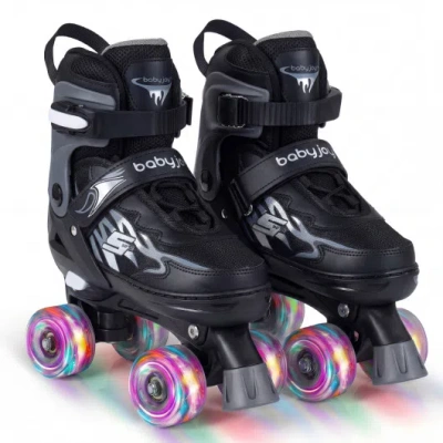Costway Kids Roller Skates For Girls Boys 4 Sizes Adjustable Quad Skates With Light-up Wheels For Outdoor-bl In Black