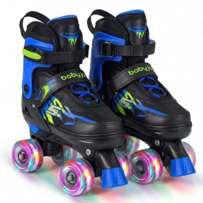 Costway Kids Roller Skates For Girls Boys 4 Sizes Adjustable Quad Skates With Light-up Wheels For Outdoor-na In Blue