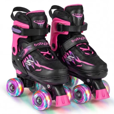 Costway Kids Roller Skates For Girls Boys 4 Sizes Adjustable Quad Skates With Light-up Wheels For Outdoor-pi In Multi