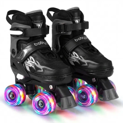 Costway Kids Roller Skates For Girls Boys 4 Sizes Adjustable Quad Skates With Light-up Wheels-black