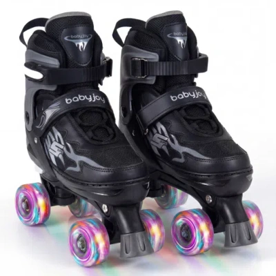 Costway Kids Roller Skates For Girls Boys Teens 4 Sizes Adjustable Quad Skates With Light-up Wheels-black
