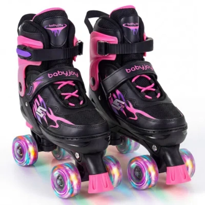 Costway Kids Roller Skates For Girls Boys Teens 4 Sizes Adjustable Quad Skates With Light-up Wheels-pink In Multi
