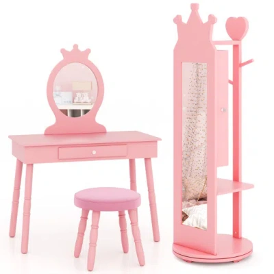Costway Kids Room Furniture Set Princess Vanity Table And Stool Set With Mirror And Drawer-pink