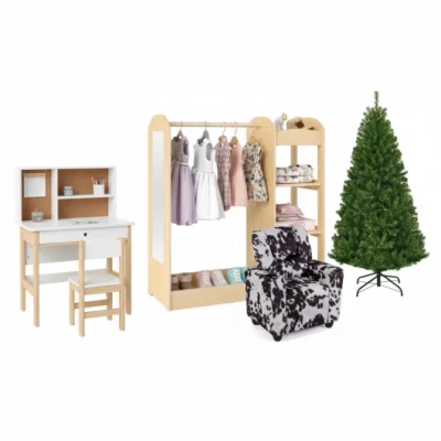 Costway Kids Room Set: Recliner + Natural Study Desk & Chair + 4-ft Christmas Tree + Natural Dress-up Storag In Multi