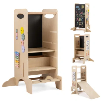 Costway Kids Standing Tower With Detachable Chalkboard And Montessori Games For 3+ Years Old In Brown