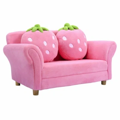 Costway Kids Strawberry Armrest Chair Sofa With 2 Cute Strawberry Pillows-pink