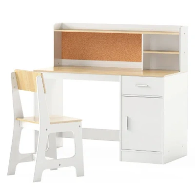 Costway Kids Study Desk And Chair Set Student Table And Chair-natural In White