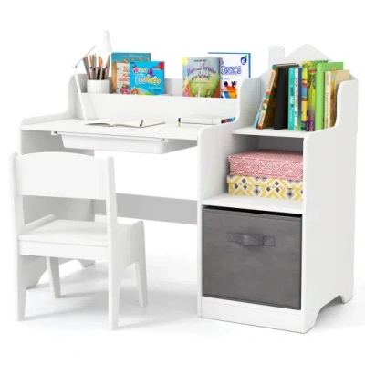 Costway Kids Study Desk And Chair Set With Open Shelves Drawer And Fabric Storage Bin-white In Multi