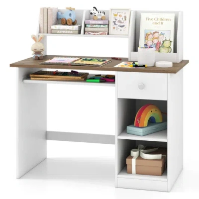 Costway Kids Study Desk Children Writing Table With Drawer Shelves And Keyboard Tray-natural In Multi
