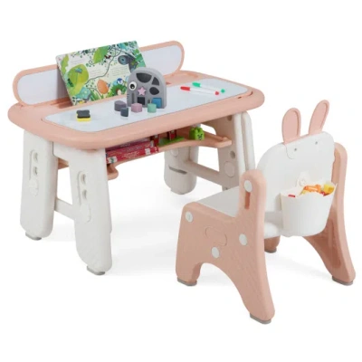 Costway Kids Table And Chair Set With Flip-top Bookshelf-pink In Multi