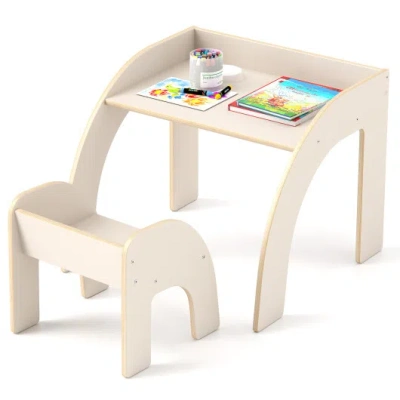 Costway Kids Table And Chair Set With Wide Tabletop And Curved Edges For Kids Room-white In Metallic