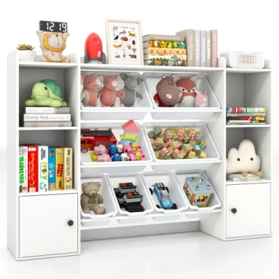 Costway Kids Toy Storage And Bookshelf With Boxes And Open Shelves-white In Neutral