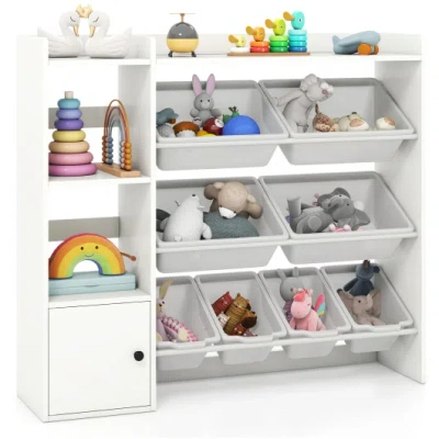 Costway Kids Toy Storage And Bookshelf With Open Shelves And Single-door Cabinet-white In Gray