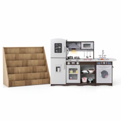 Costway Kids Toy Storage & Pretend Play Kitchen Bundle In Brown