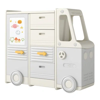 Costway Kids Toy Storage Organizer Bus-shaped Children Cabinet With 4 Pull-out Drawers With Handles-gray In Multi