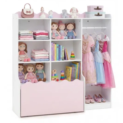 Costway Kids Toy Storage Organizer Children Dress Up Closet Wardrobe With Clothing Rack-pink In Multi