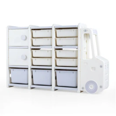 Costway Kids Toy Storage Organizer Truck-shaped Toy Chest With 2 Cabinets And 11 Removable Bins-grey In Multi
