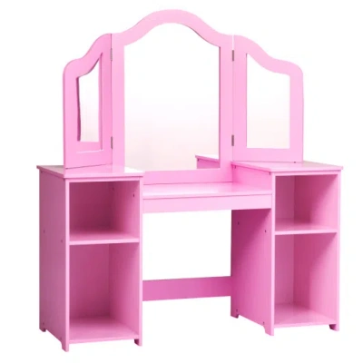 Costway Kids Tri Folding Mirror Makeup Dressing Vanity Table Set-pink