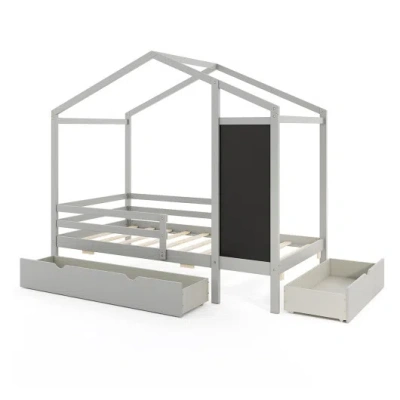Costway Kids Twin Size Bed With 2 Drawers Solid Wood Bed With Blackboard-gray In Multi