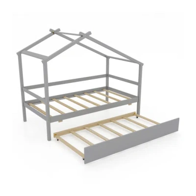 Costway Kids Twin Size House Bed With Trundle And Roof-gray In Multi