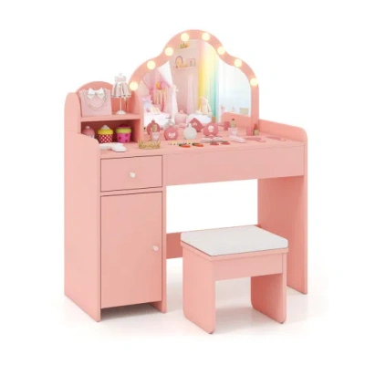Costway Kids Vanity Desk With Mirror And Lights Princess Pretend Play Dressing Table-pink