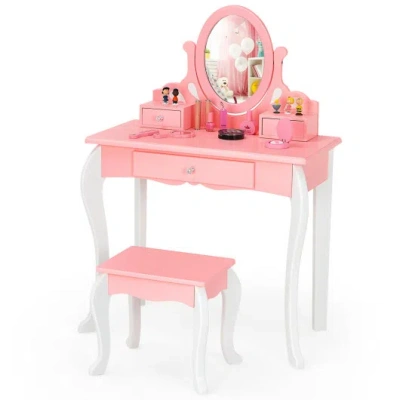 Costway Kids Vanity Princess Makeup Dressing Table Stool Set With Mirror And Drawer-pink In Animal Print