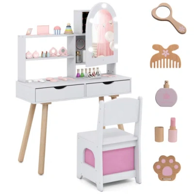 Costway Kids Vanity Set Pretend Play Dressing Table Set With 3-color Lighting Modes And Mirror Cabinet-white