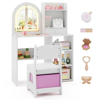 Costway Kids Vanity Set Princess Girls Makeup Vanity Desk With Chair And 3-color Led Lighted Mirror-white In Multi