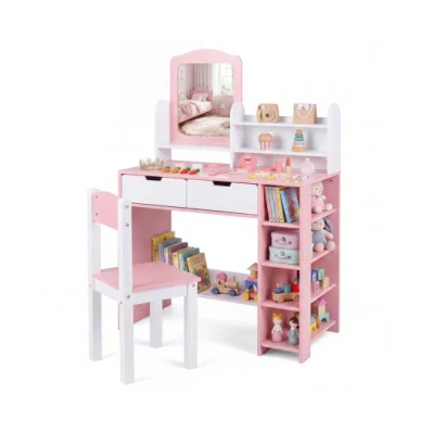 Costway Kids Vanity Set With Chair And Mirror Makeup Dressing Desk With Storage Shelves And Drawers-white &  In Multi