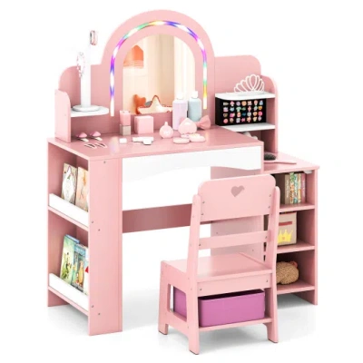 Costway Kids Vanity Set With Colorful Led Lights Princess Makeup Dressing Table With Chair-pink In Multi
