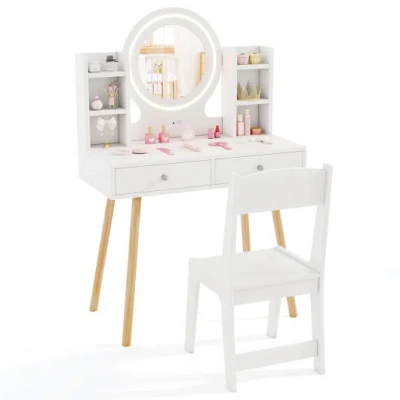 Costway Kids Vanity Set With Lighted Mirror And Storage Drawers-white