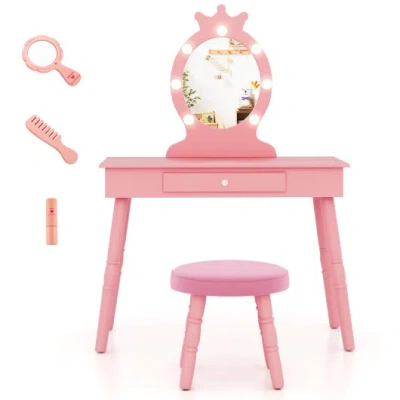 Costway Kids Vanity Set With Lighted Mirror With Adjustable Brightness And Large Drawer-pink In Multi