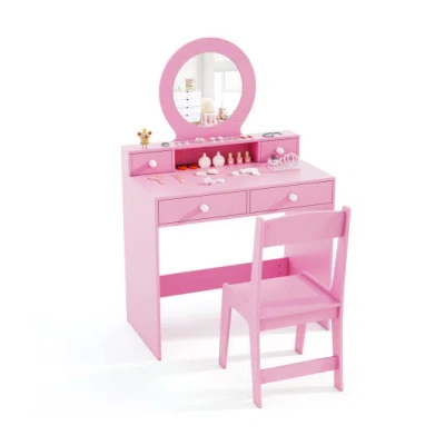 Costway Kids Vanity Set With Mirror Princess Makeup Dressing Desk And Chair Set With Mirror-pink