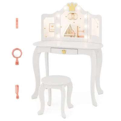 Costway Kids Vanity Set With Tri-fold Lighted Mirror Detachable Top And Stool-white In Multi