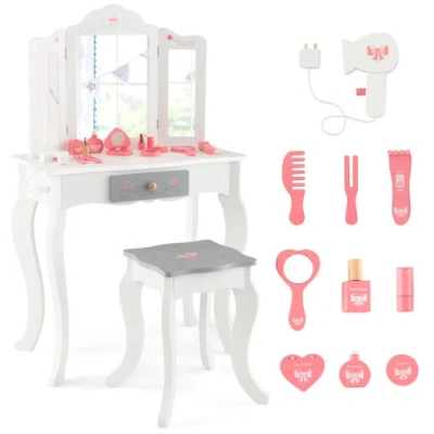Costway Kids Vanity Set With Tri-folding Mirror-white In Multi