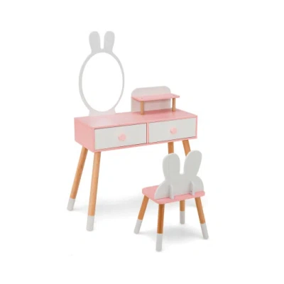 Costway Kids Vanity Table And Chair Set With Drawer Shelf And Rabbit Mirror-white In Pink