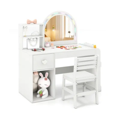 Costway Kids Vanity Table And Chair Set With Lighted Mirror For Kids Aged 3+ Years Old-white In Multi