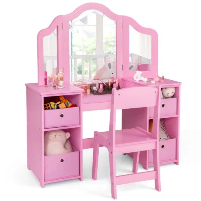 Costway Kids Vanity Table And Chair Set With Removable Mirrors And 4 Storage Bins-pink In Multi