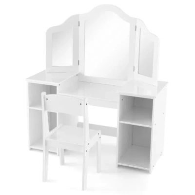 Costway Kids Vanity Table And Chair Set With Removable Tri-folding Mirror-white