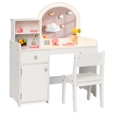 Costway Kids Vanity Table And Chair Set With Shelves Drawer And Cabinet-white In Multi